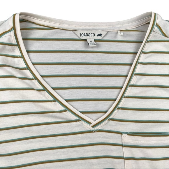 Toad&Co Women's Striped Brown/Green V-Neck Pocket T-Shirt In Size M - Picture 2 of 5